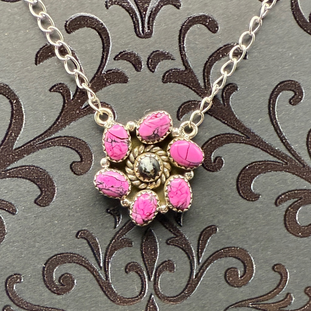 925 Sterling Silver Rose Pink Dahlia And White Buffalo Turquoise Necklace